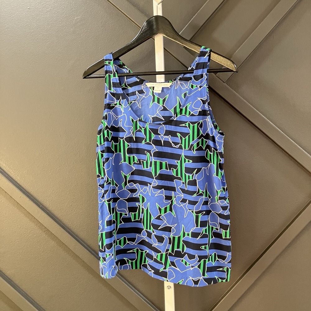 Diane von Furstenberg DVF Petite S Silk Blue Green Floral Print Sleeveless Top